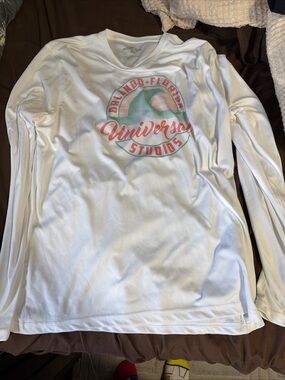 Universal White Long Sleeve Tee with Retro Pink & Teal Logo